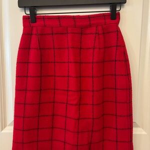 Vintage red plaid midi pencil wool skirt size XS-S